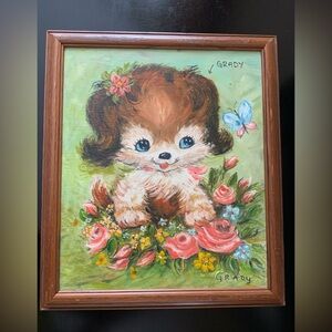 Vintage Framed Puppy Floral Oil Painting